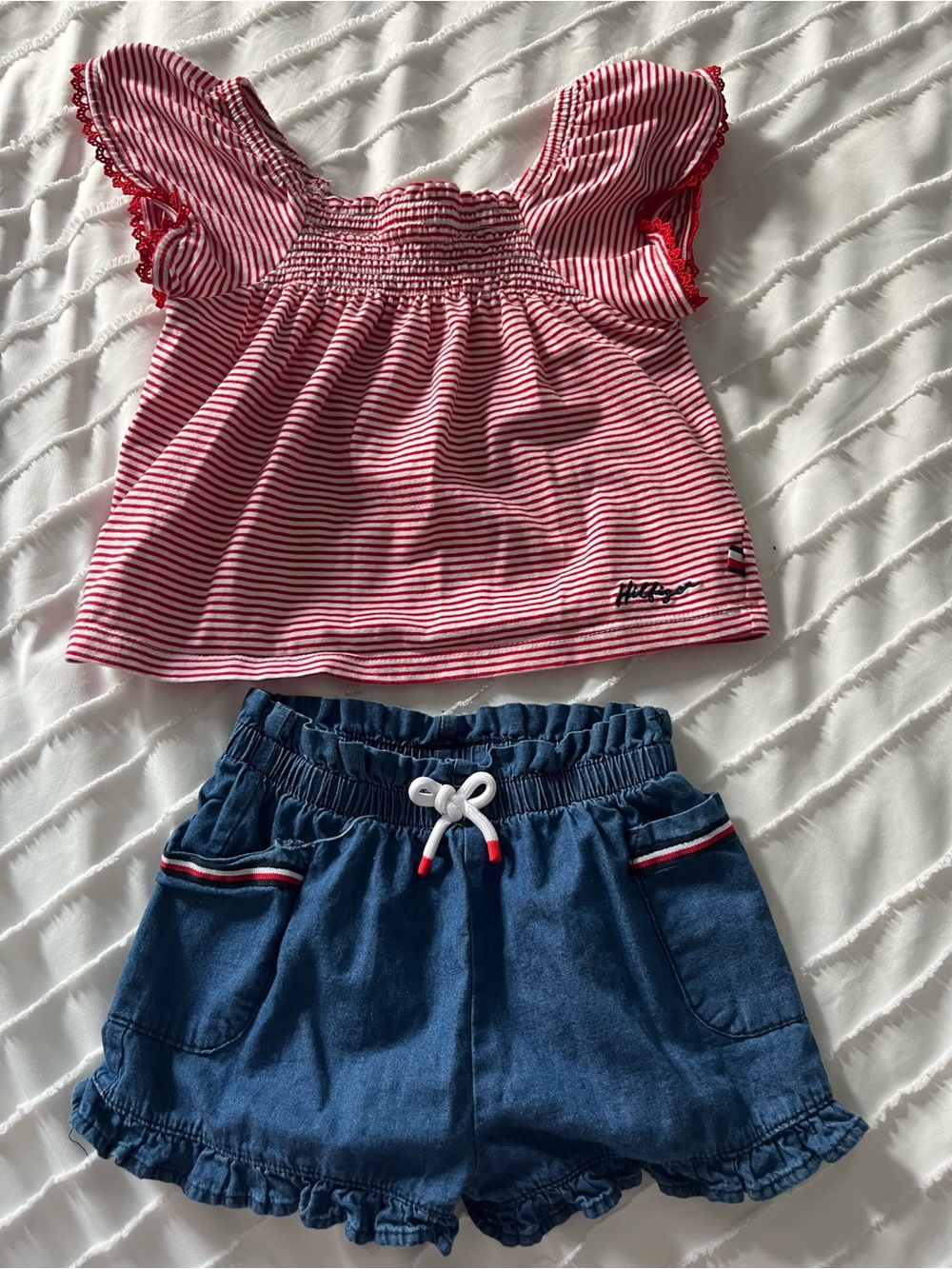 Tommy Hilfiger Red & White Striped Smocked Top with Denim Blue Shorts Set